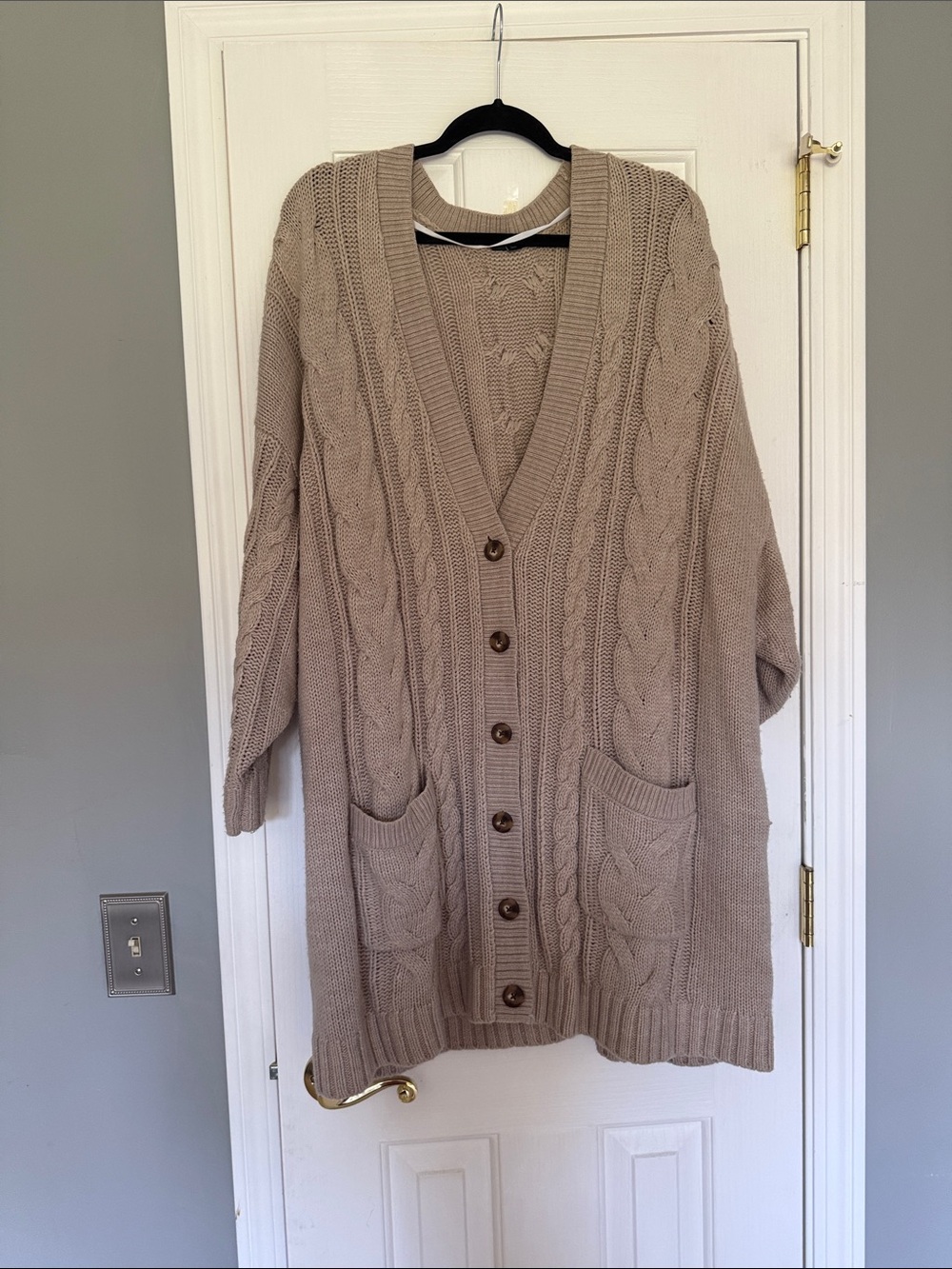 Cable Knit Button-Front  Sweater - Beige